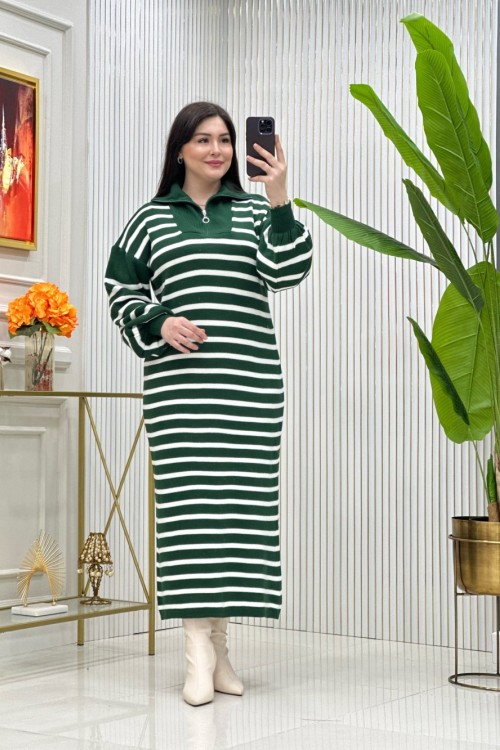 Çizgili Triko Elbise Zümrüt