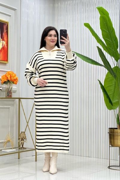 Çizgili Triko Elbise Krem