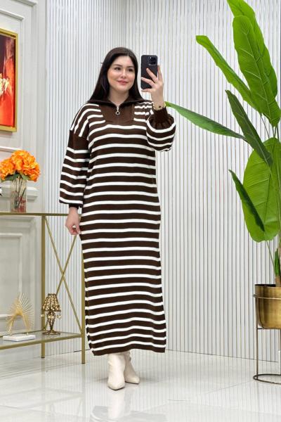 Çizgili Triko Elbise Kahverengi