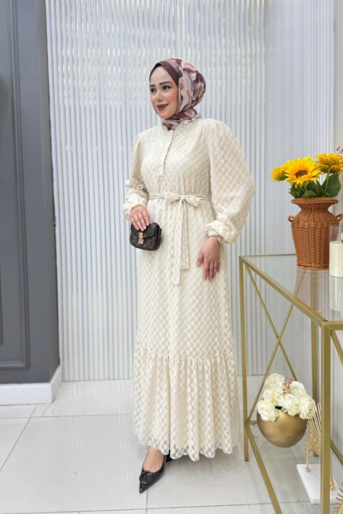 Gökçe Dantel Elbise Krem