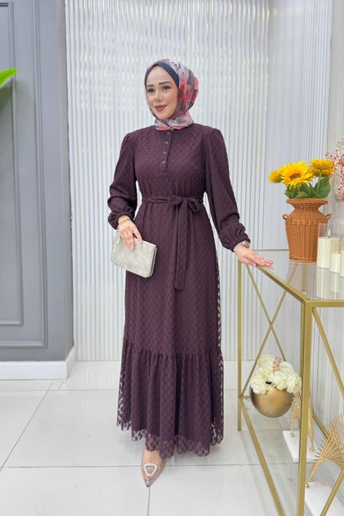 Gökçe Dantel Elbise Mürdüm