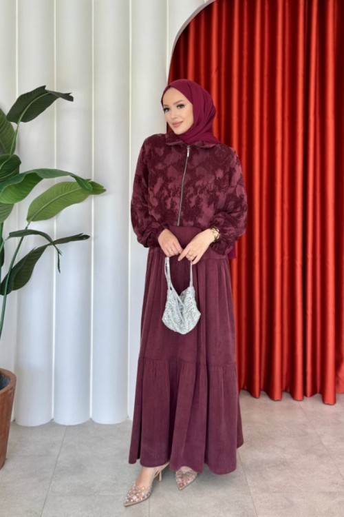 İkbal Elbise Takım Bordo
