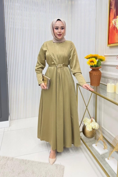 İpek Elbise  Yağ Yeşili