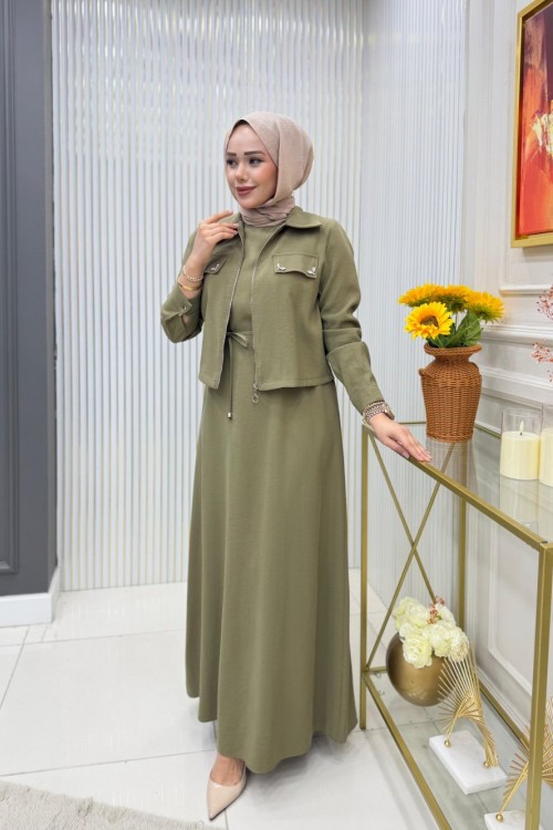 Meltem Ceketli Elbise Takım Yağ Yeşili