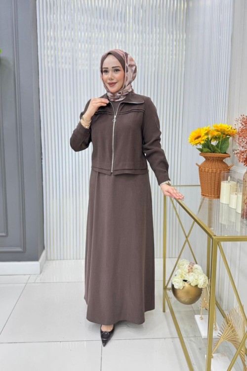 Meryem  Ceketli Elbise Takım  Kahverengi