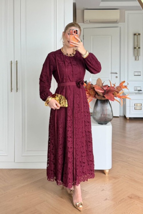 Sümbül Dantel Elbise Bordo