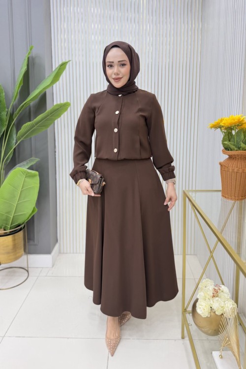 Yasemin  Etekli Takım  Kahverengi